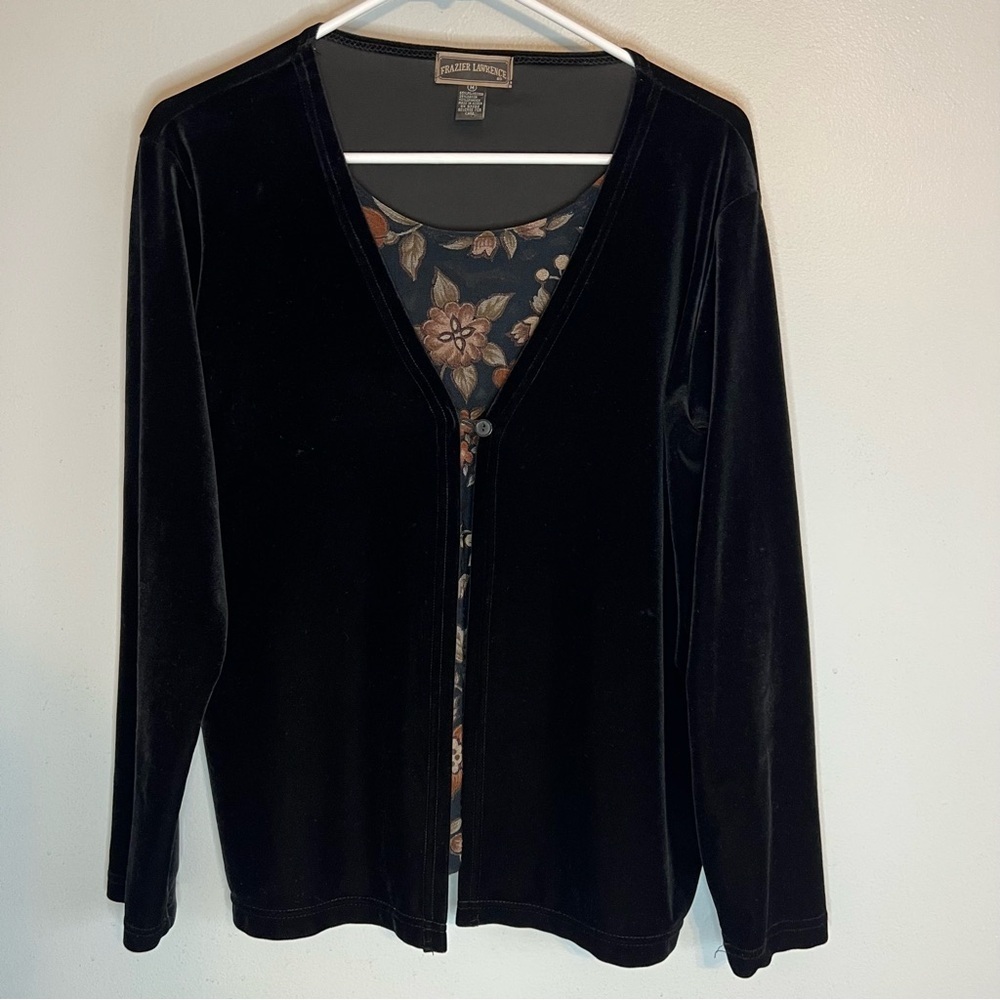 Vintage Black Velvet Floral Lined One Button Pullover Blouse Sz M Mature Flowy